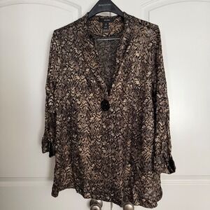 Ali Miles Womens Gold Black Metallic Lace Tunic Blouse Single Button Top Large